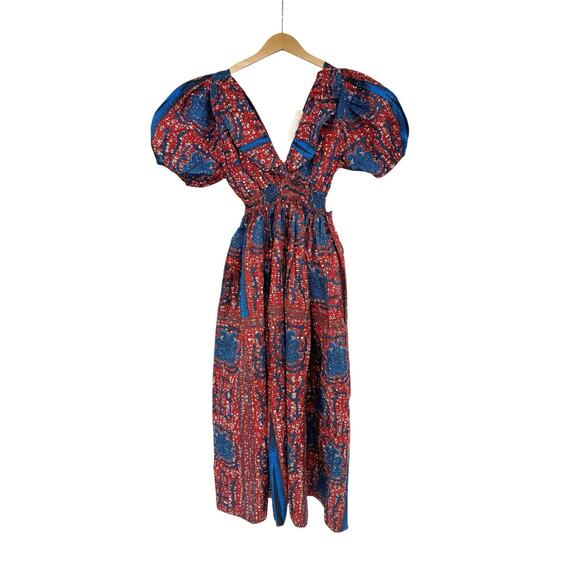 Elisamama Ayo Handmade Paisley Red Blue Ruffle Floral Midi Maxi Dress M New - Picture 1 of 11
